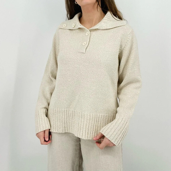 vintage dreamy neutral beige henley pullover sweater boho minimalist size L - Picture 1 of 7